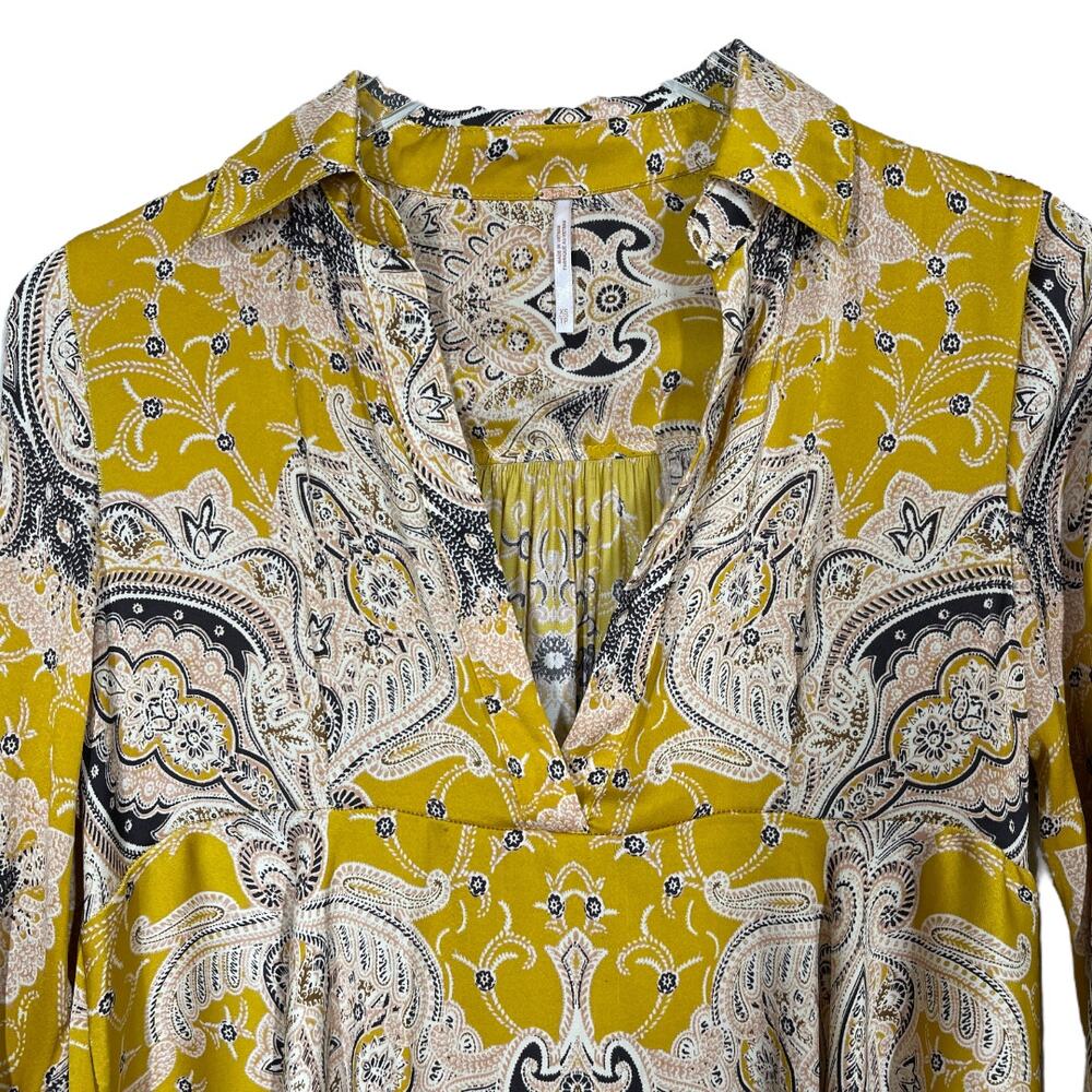 Free People Field Of Butterflies Tunic XS Yellow Paisley Print Boho Long Top - Picture 4 of 6